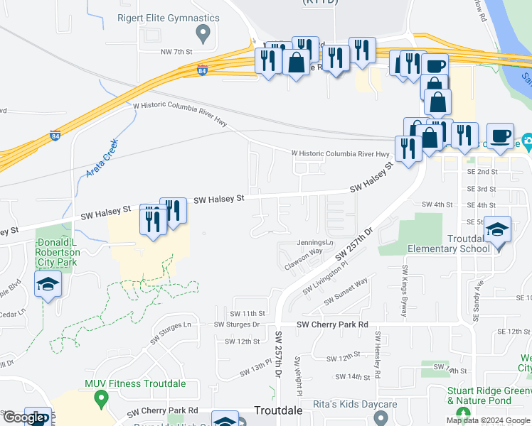 map of restaurants, bars, coffee shops, grocery stores, and more near 1311 Southwest Edgefield Meadows Terrace in Troutdale