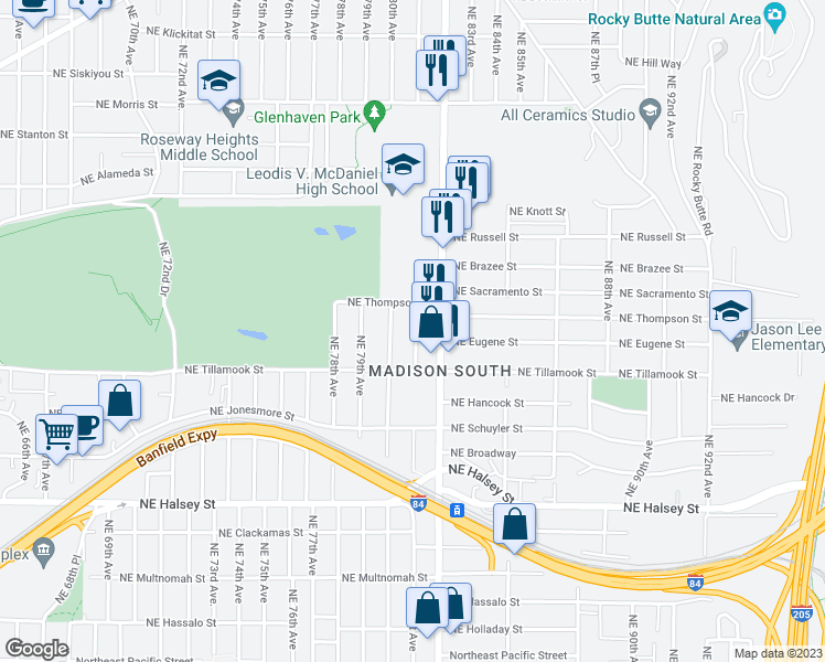 map of restaurants, bars, coffee shops, grocery stores, and more near 2207 Northeast 81st Avenue in Portland