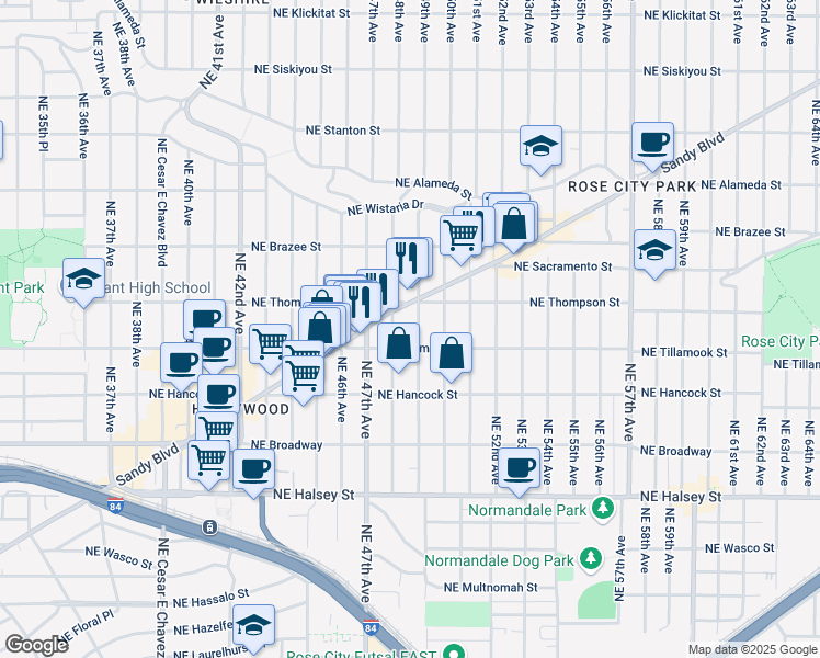 map of restaurants, bars, coffee shops, grocery stores, and more near 2205a Northeast 49th Avenue in Portland