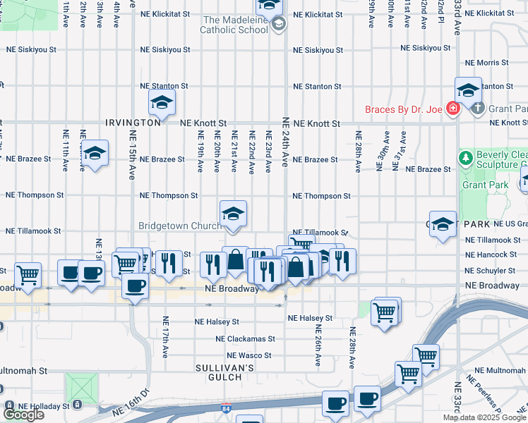 map of restaurants, bars, coffee shops, grocery stores, and more near 2228 Northeast 22nd Avenue in Portland