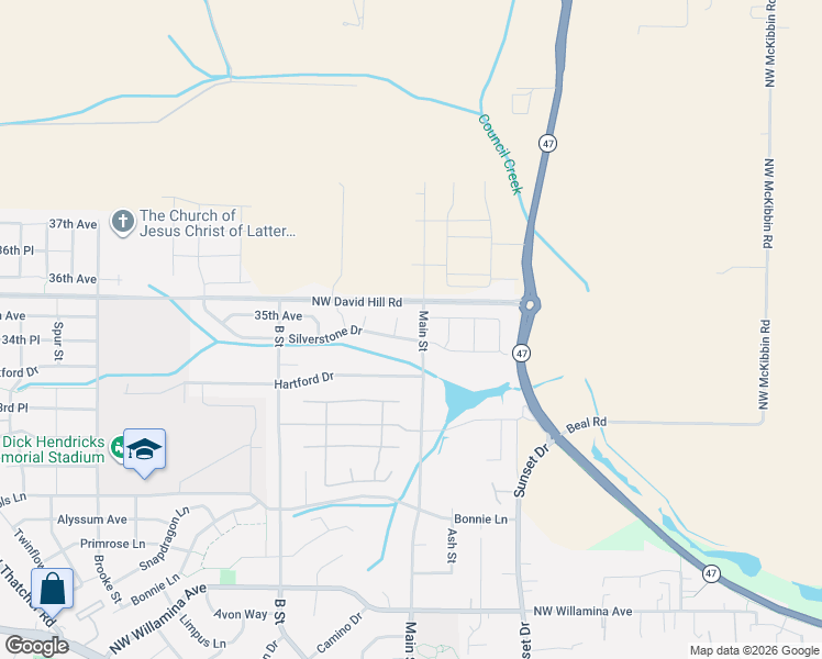 map of restaurants, bars, coffee shops, grocery stores, and more near 3511 Ardith Court in Forest Grove