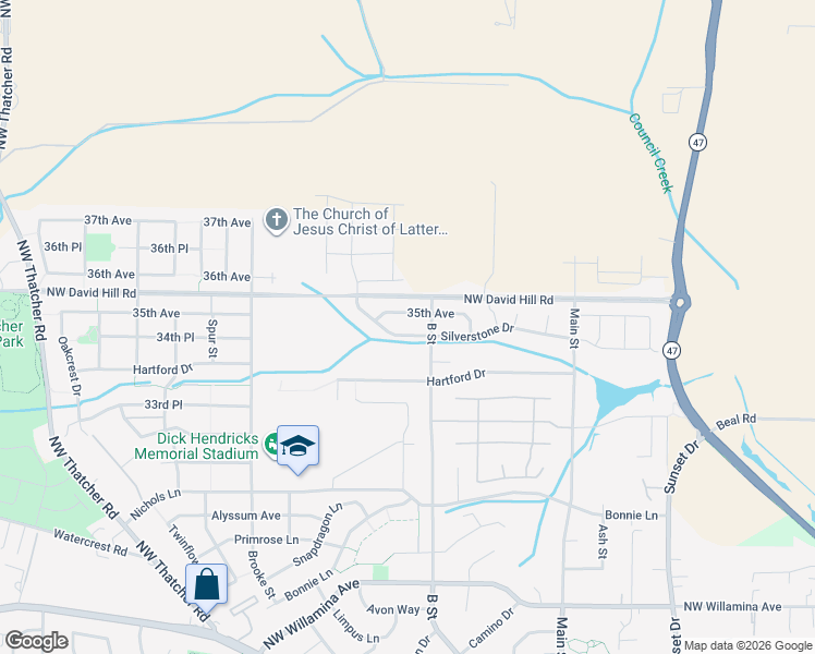 map of restaurants, bars, coffee shops, grocery stores, and more near 1720 35th Avenue in Forest Grove