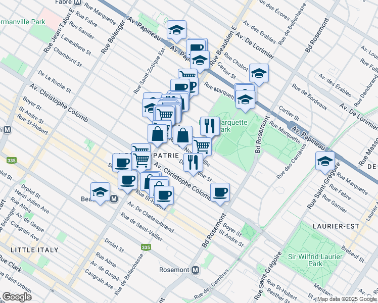map of restaurants, bars, coffee shops, grocery stores, and more near 6276 Normanville Street in Montreal