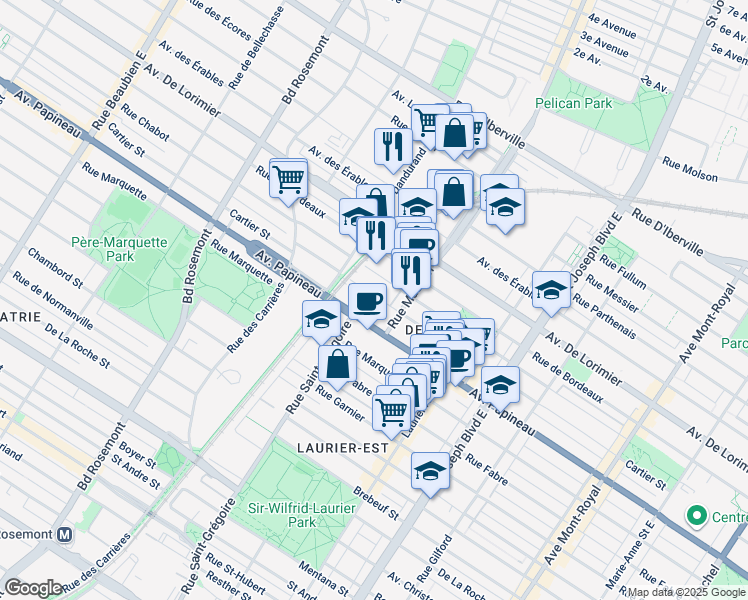 map of restaurants, bars, coffee shops, grocery stores, and more near in Montreal
