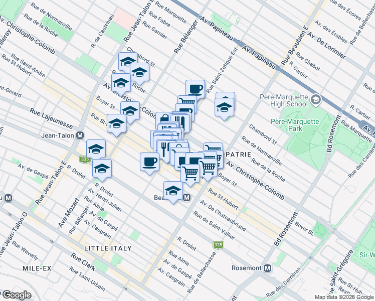 map of restaurants, bars, coffee shops, grocery stores, and more near 6647 Rue Boyer in Montréal