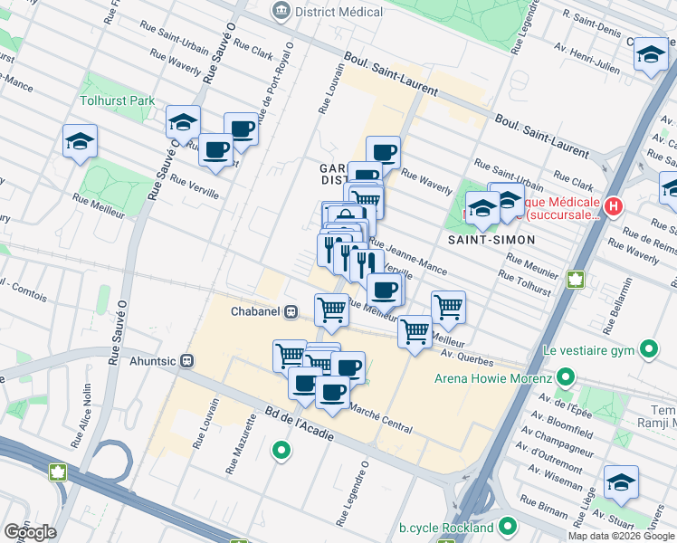 map of restaurants, bars, coffee shops, grocery stores, and more near 555 Rue Chabanel Ouest in Montreal