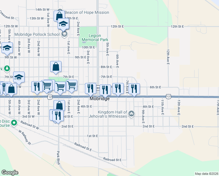 map of restaurants, bars, coffee shops, grocery stores, and more near 522 5th Avenue East in Mobridge
