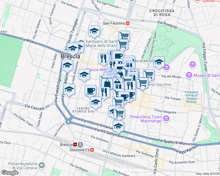 map of restaurants, bars, coffee shops, grocery stores, and more near 4 Vicolo della Costanza in Brescia
