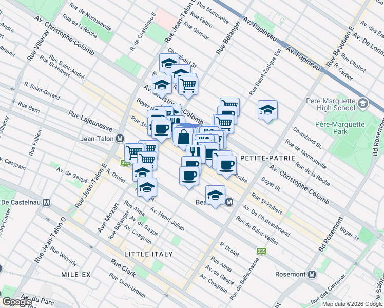 map of restaurants, bars, coffee shops, grocery stores, and more near 6781 Rue Saint-Hubert in Montréal