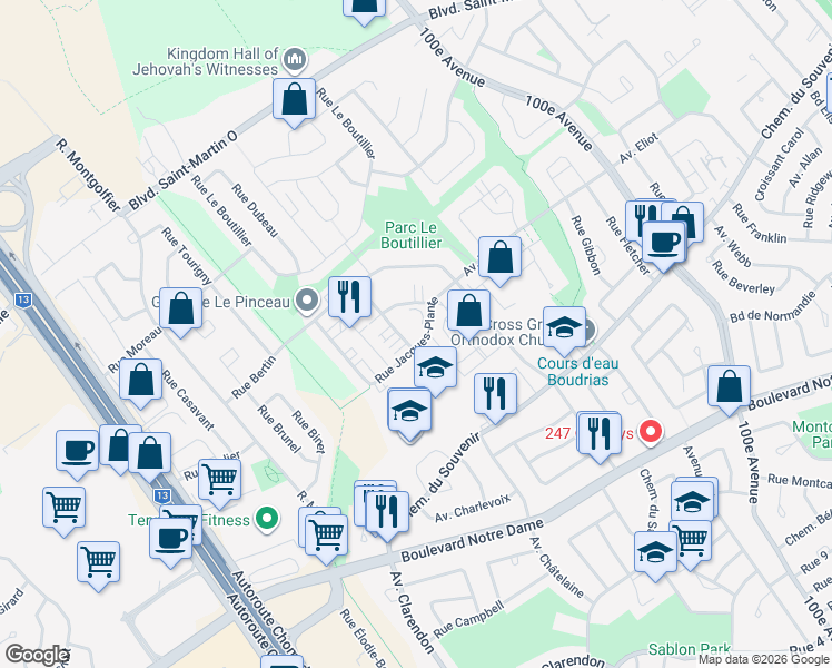map of restaurants, bars, coffee shops, grocery stores, and more near 919 Rue Jules-Huot in Laval