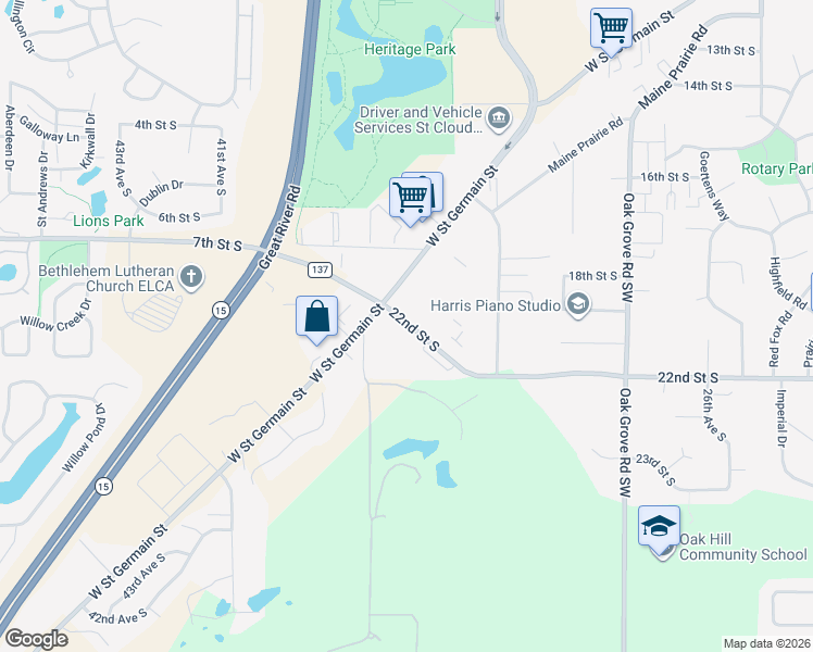 map of restaurants, bars, coffee shops, grocery stores, and more near 3600 West Street Germain Street in St. Cloud