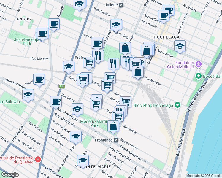 map of restaurants, bars, coffee shops, grocery stores, and more near 2918 Rue de Rouen in Montréal