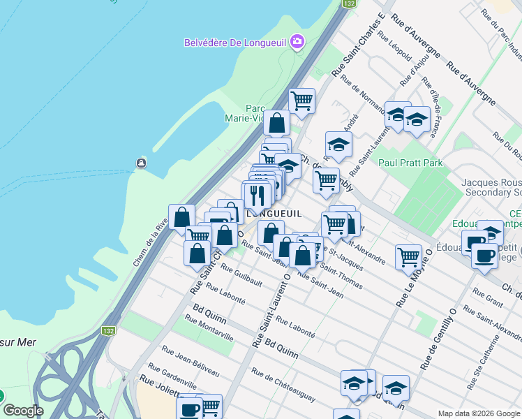 map of restaurants, bars, coffee shops, grocery stores, and more near 195 Rue Saint-Charles Ouest in Longueuil