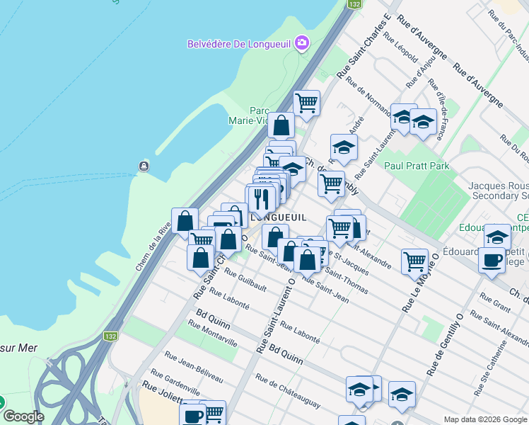map of restaurants, bars, coffee shops, grocery stores, and more near 195 Rue Saint-Charles Ouest in Longueuil