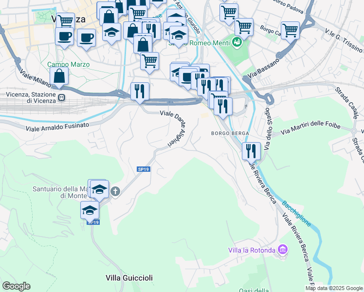 map of restaurants, bars, coffee shops, grocery stores, and more near 2 Viale Massimo D'Azeglio in Vicenza