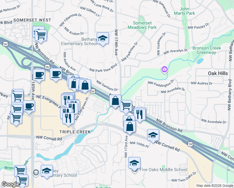 map of restaurants, bars, coffee shops, grocery stores, and more near 17432 Northwest Santiam Drive in Portland