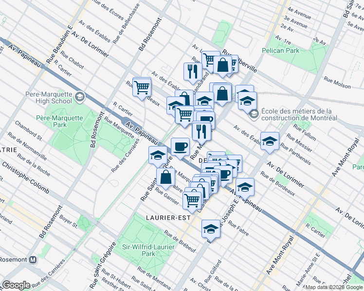 map of restaurants, bars, coffee shops, grocery stores, and more near 5516 Rue Cartier in Montréal