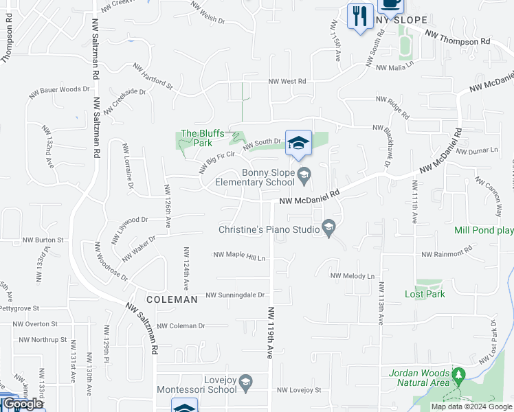 map of restaurants, bars, coffee shops, grocery stores, and more near 2575 Northwest 119th Place in Portland