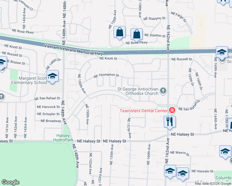 map of restaurants, bars, coffee shops, grocery stores, and more near 15423 Northeast Summerplace Drive in Portland