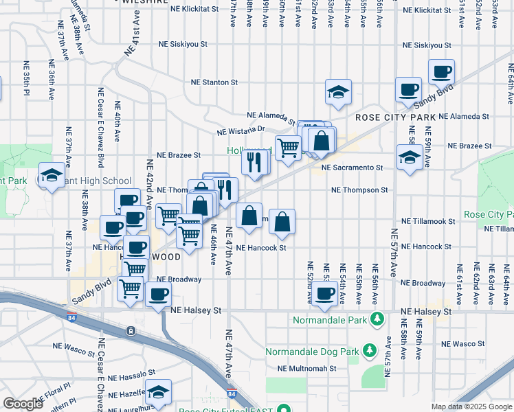 map of restaurants, bars, coffee shops, grocery stores, and more near 2205a Northeast 49th Avenue in Portland