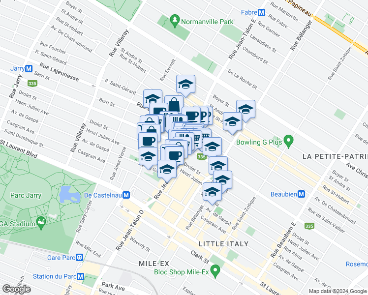 map of restaurants, bars, coffee shops, grocery stores, and more near 7166 Saint Denis Street in Montreal