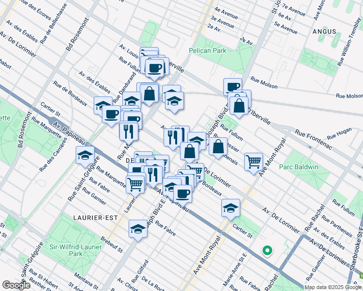 map of restaurants, bars, coffee shops, grocery stores, and more near 2127 Laurier Avenue East in Montreal