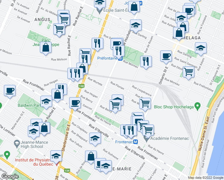 map of restaurants, bars, coffee shops, grocery stores, and more near 2367 Rue Wurtele in Montreal