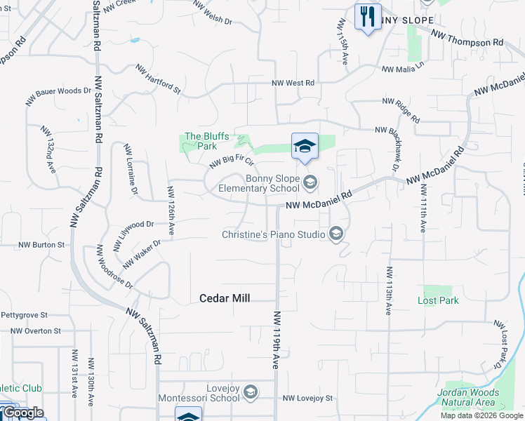 map of restaurants, bars, coffee shops, grocery stores, and more near 2575 Northwest 119th Place in Portland