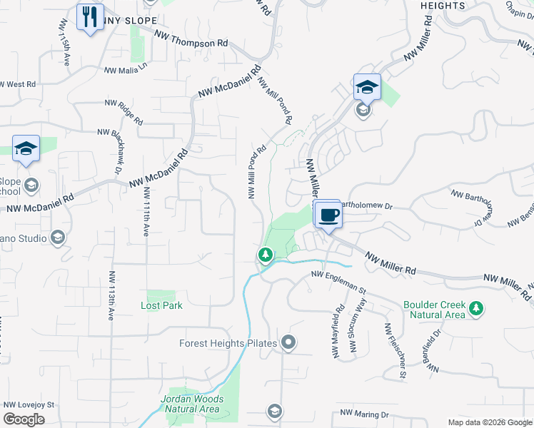 map of restaurants, bars, coffee shops, grocery stores, and more near 2121 Northwest Mill Pond Road in Portland