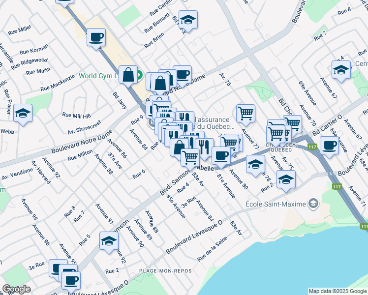 map of restaurants, bars, coffee shops, grocery stores, and more near 701 Boulevard du Curé-Labelle in Laval