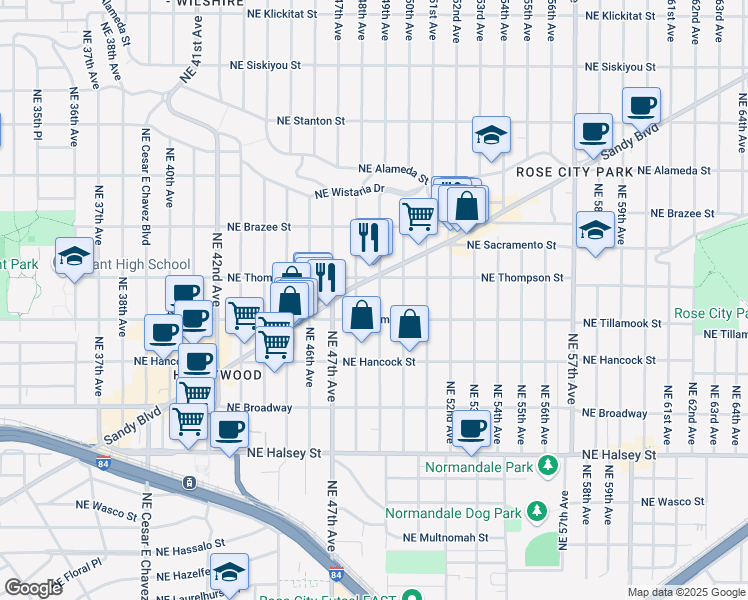 map of restaurants, bars, coffee shops, grocery stores, and more near 2205a Northeast 49th Avenue in Portland