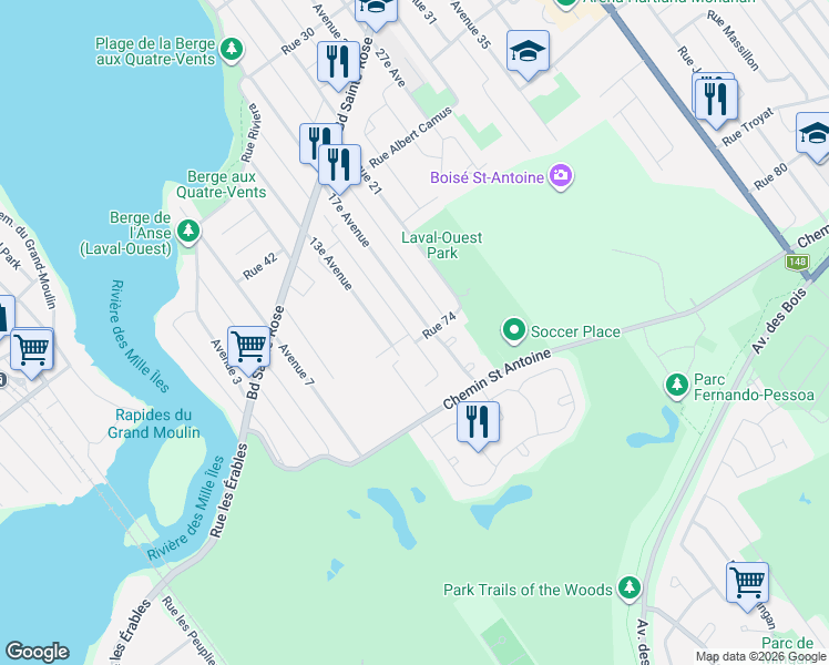 map of restaurants, bars, coffee shops, grocery stores, and more near 7415 15e Av in Laval