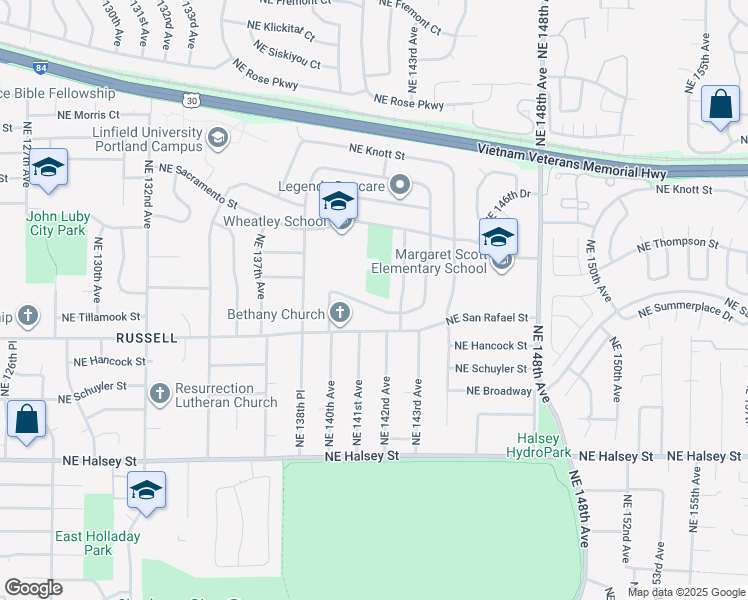 map of restaurants, bars, coffee shops, grocery stores, and more near 14131 Northeast Eugene Court in Portland