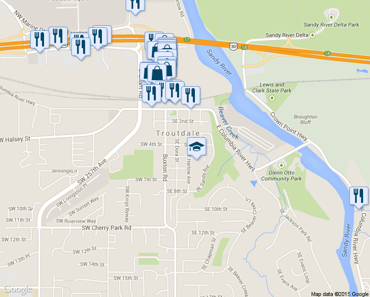 map of restaurants, bars, coffee shops, grocery stores, and more near 411 SE Harlow Ave in Troutdale