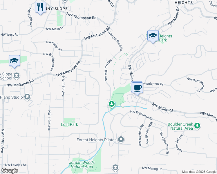 map of restaurants, bars, coffee shops, grocery stores, and more near 2121 Northwest Mill Pond Road in Portland
