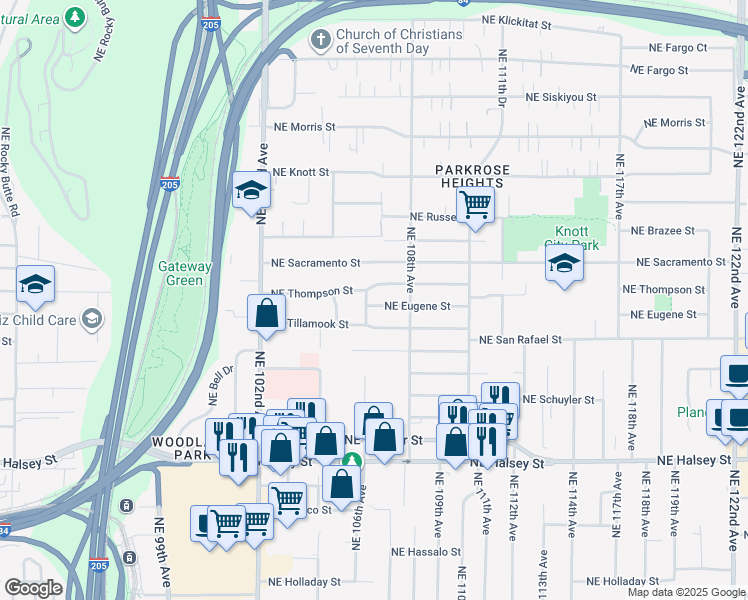map of restaurants, bars, coffee shops, grocery stores, and more near 10615 Northeast Eugene Street in Portland