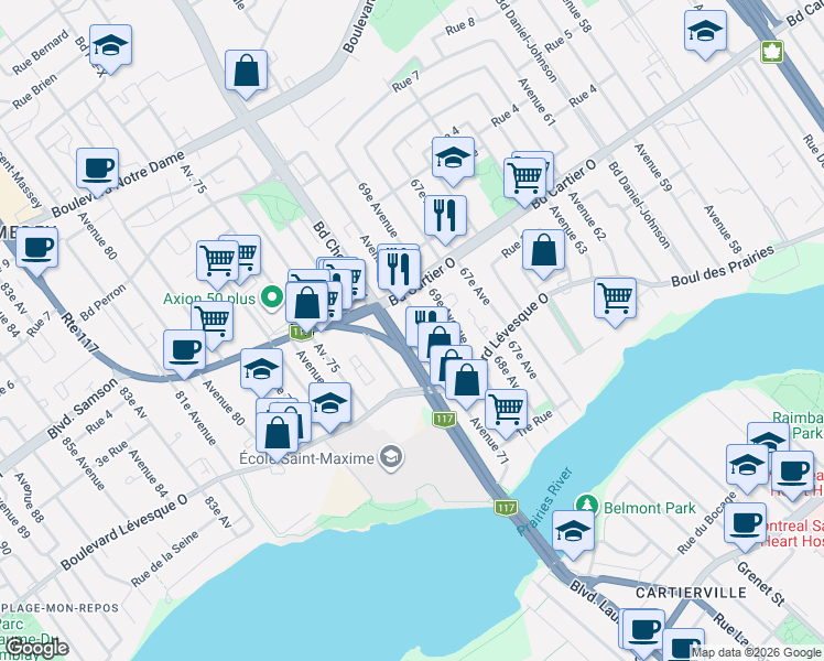 map of restaurants, bars, coffee shops, grocery stores, and more near 312 70e Av in Laval