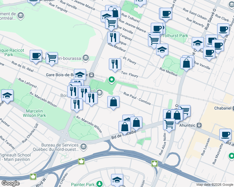 map of restaurants, bars, coffee shops, grocery stores, and more near 10334 Rue Paul Comtois in Montréal