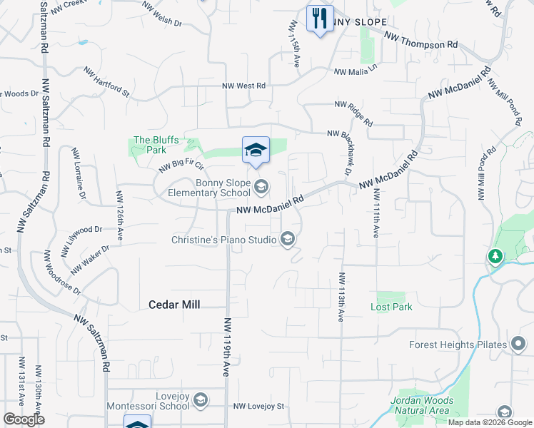 map of restaurants, bars, coffee shops, grocery stores, and more near 2587 Northwest Byrne Terrace in Portland