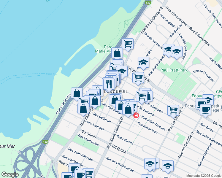 map of restaurants, bars, coffee shops, grocery stores, and more near 187 Rue Saint-Charles Ouest in Longueuil