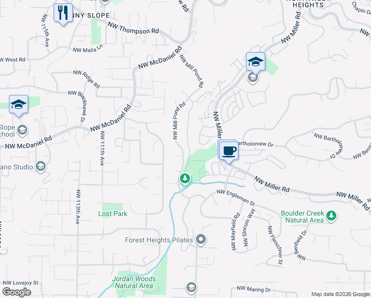 map of restaurants, bars, coffee shops, grocery stores, and more near 2121 Northwest Mill Pond Road in Portland
