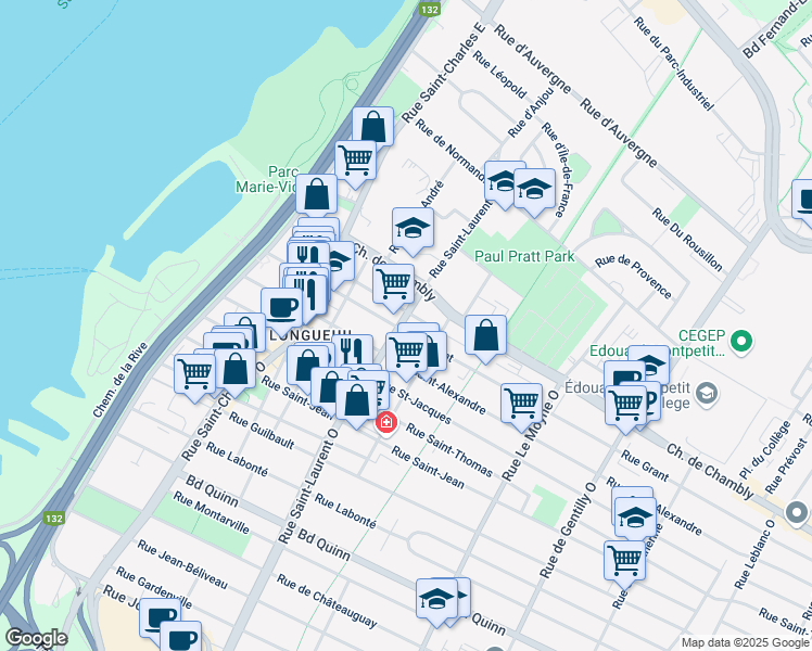 map of restaurants, bars, coffee shops, grocery stores, and more near 79 Rue Saint-Laurent Ouest in Longueuil