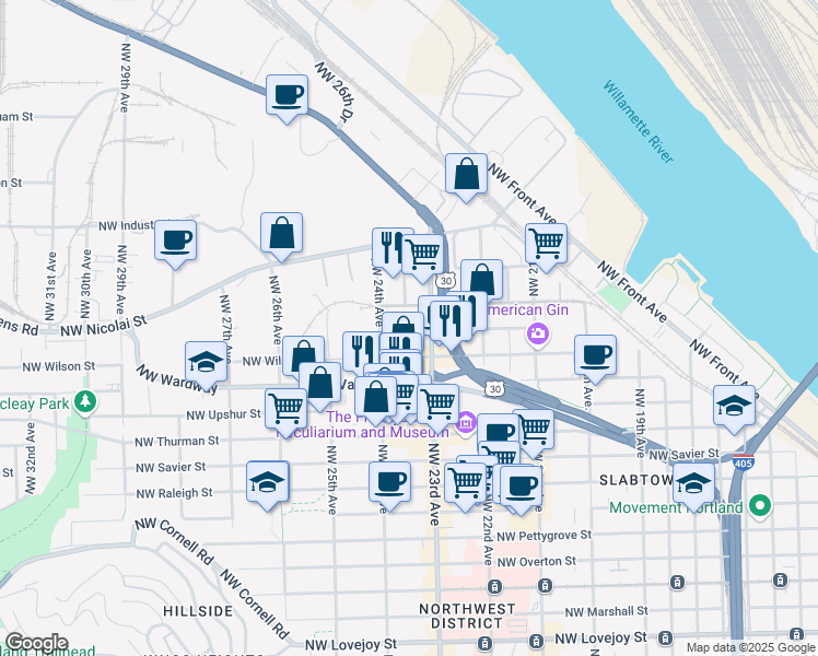 map of restaurants, bars, coffee shops, grocery stores, and more near 2303 Northwest 24th Avenue in Portland