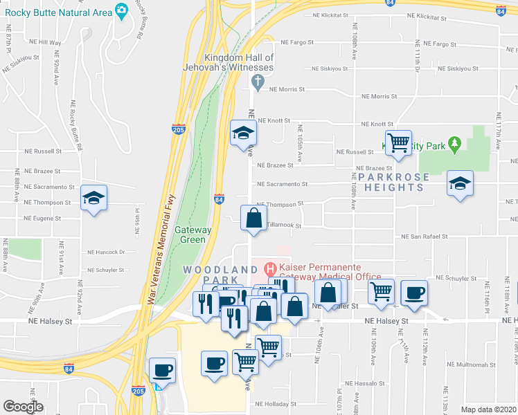 map of restaurants, bars, coffee shops, grocery stores, and more near 10222 Northeast Thompson Street in Portland