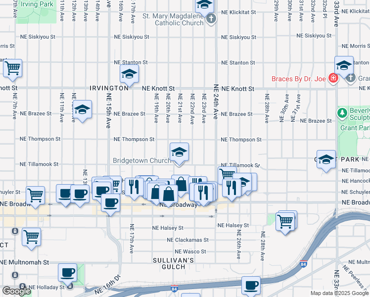 map of restaurants, bars, coffee shops, grocery stores, and more near 2216 Northeast 21st Avenue in Portland