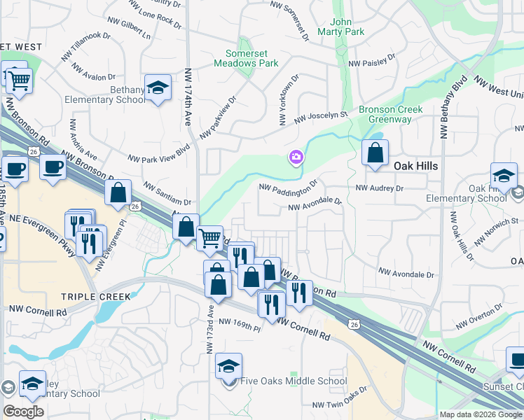 map of restaurants, bars, coffee shops, grocery stores, and more near 16824 Northwest Paddington Drive in Beaverton