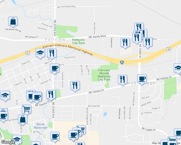 map of restaurants, bars, coffee shops, grocery stores, and more near 2162 Northeast 229th Court in Fairview
