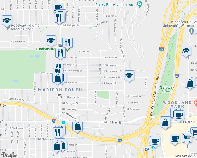 map of restaurants, bars, coffee shops, grocery stores, and more near 2225 Northeast 88th Avenue in Portland