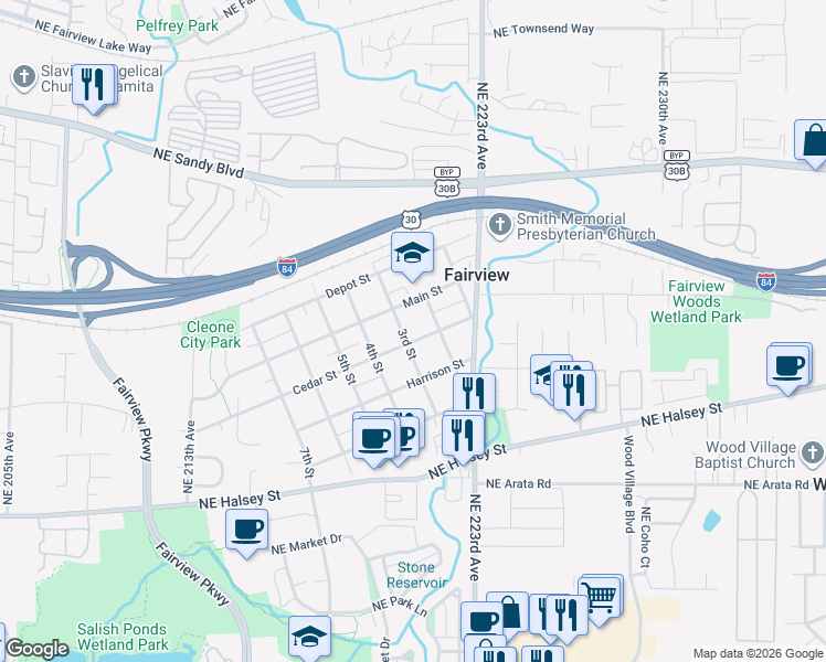 map of restaurants, bars, coffee shops, grocery stores, and more near 250 Cedar Street in Fairview