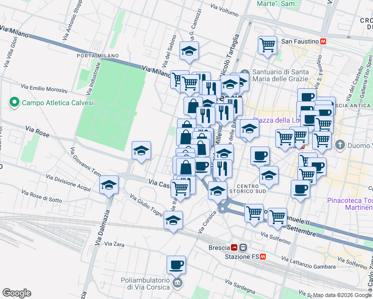 map of restaurants, bars, coffee shops, grocery stores, and more near in Brescia